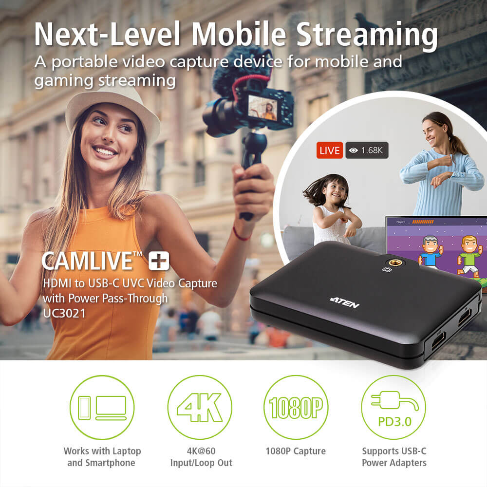 Aten UC3021 - CAMLIVE™+ (USB-конвертер для захвата видеосигнала из HDMI в USB-C UVC и функцией сквозной передачи питания PD3.0)